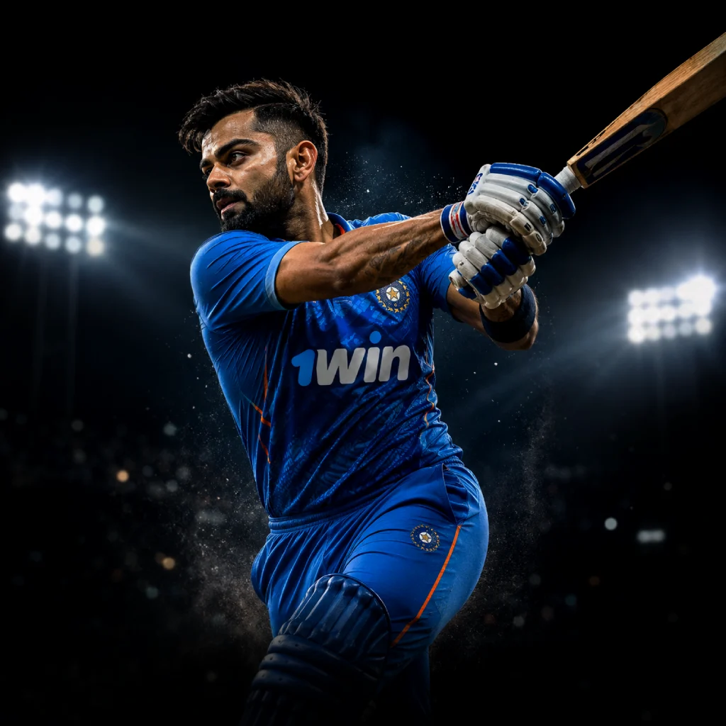Indian cricket player in dynamic action wearing a blue 1win jersey under stadium lights on a dark background