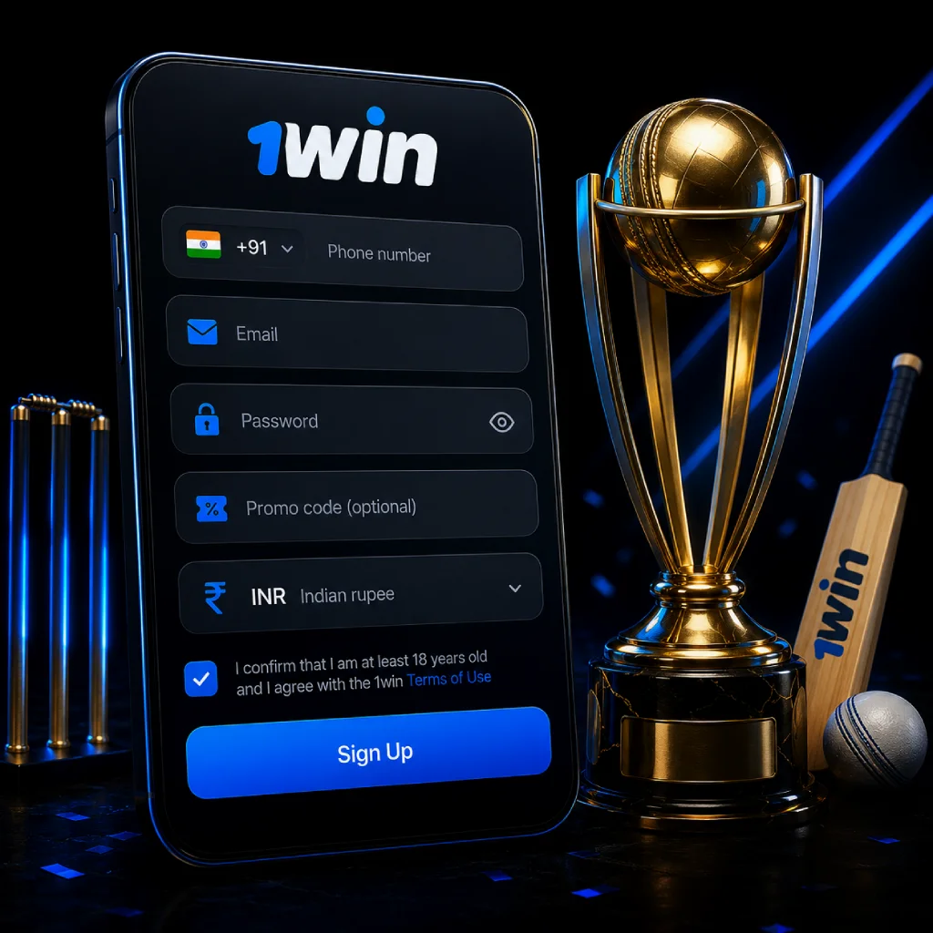 1win India registration form with +91 phone number, INR currency and a cricket trophy on a dark background