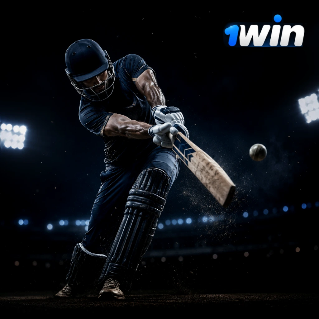 Cricket player hitting the ball in a dark stadium with 1win branding on the uniform and bat